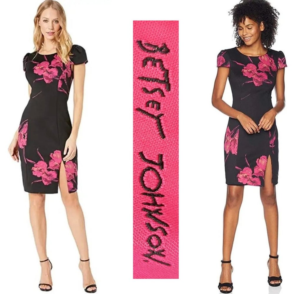 Betsey Johnson Womens Retro Black Pink Floral Scuba Stretch Midi Dress 8